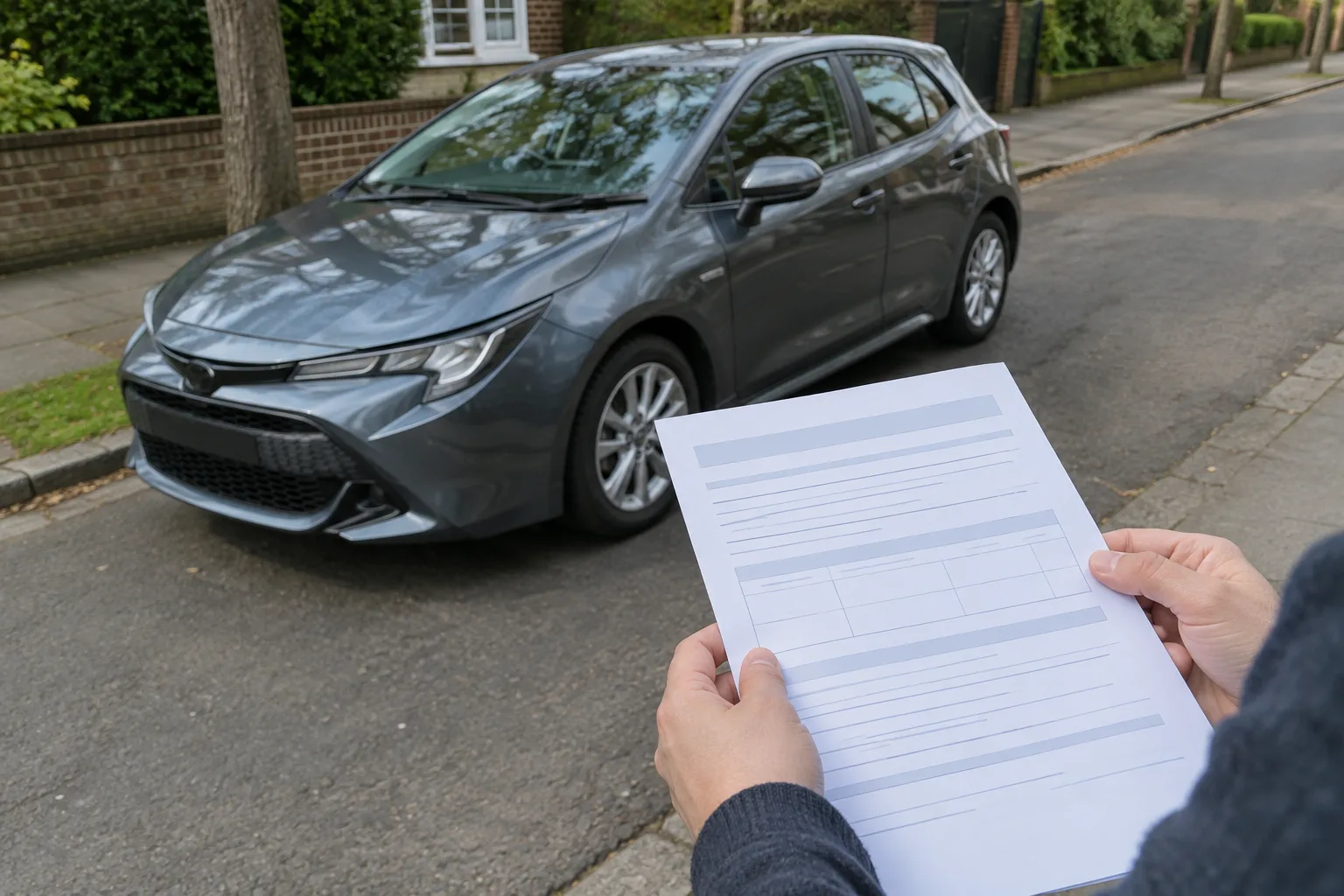Une voiture stationnée dans une rue résidentielle, avec un document d’assurance tenu au premier plan.