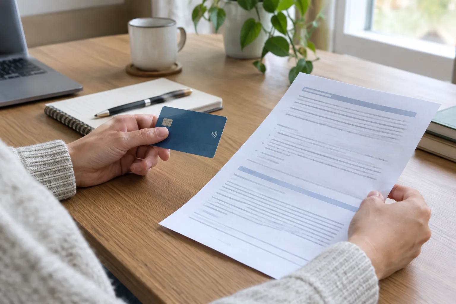 Une personne examine une carte bancaire et un document d’assurance sur un bureau.