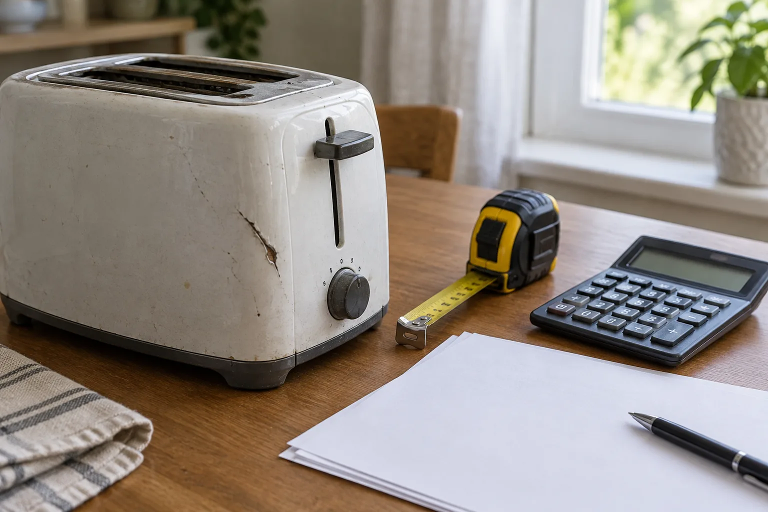 Un appareil ménager usagé, une calculatrice et des documents illustrent l’évaluation d’un bien endommagé.