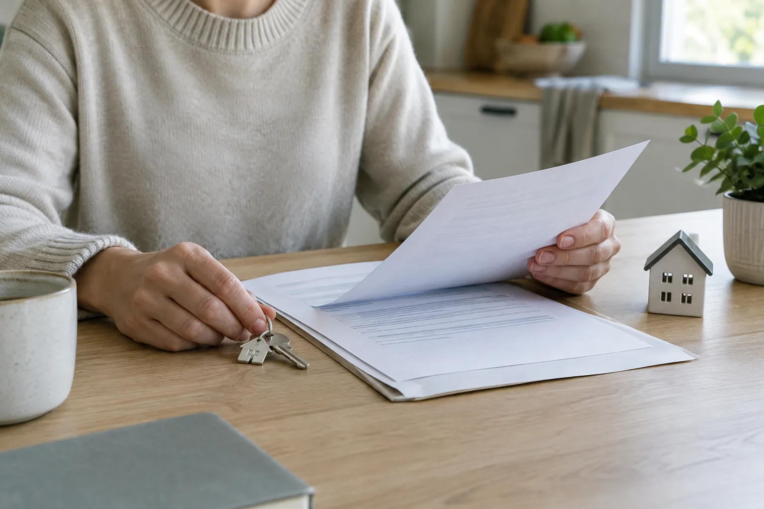 Une personne consulte des documents d’assurance habitation à côté d’une clé de logement.