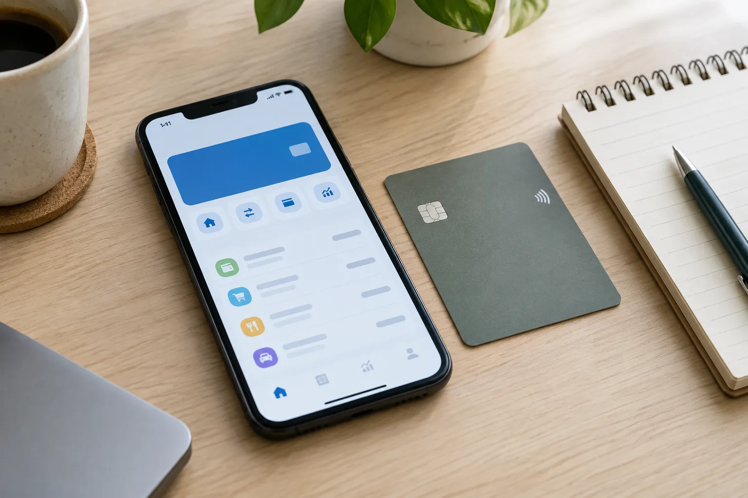 Un téléphone affichant une application bancaire générique posé à côté d’une carte et d’un carnet.