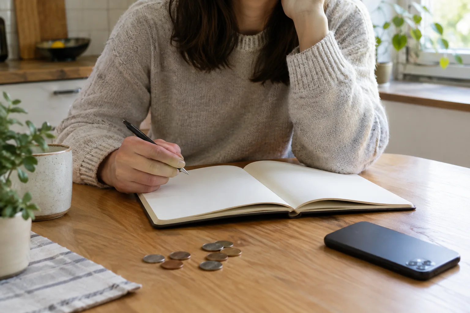 Un carnet ouvert et quelques pièces sur une table, près d’un téléphone.