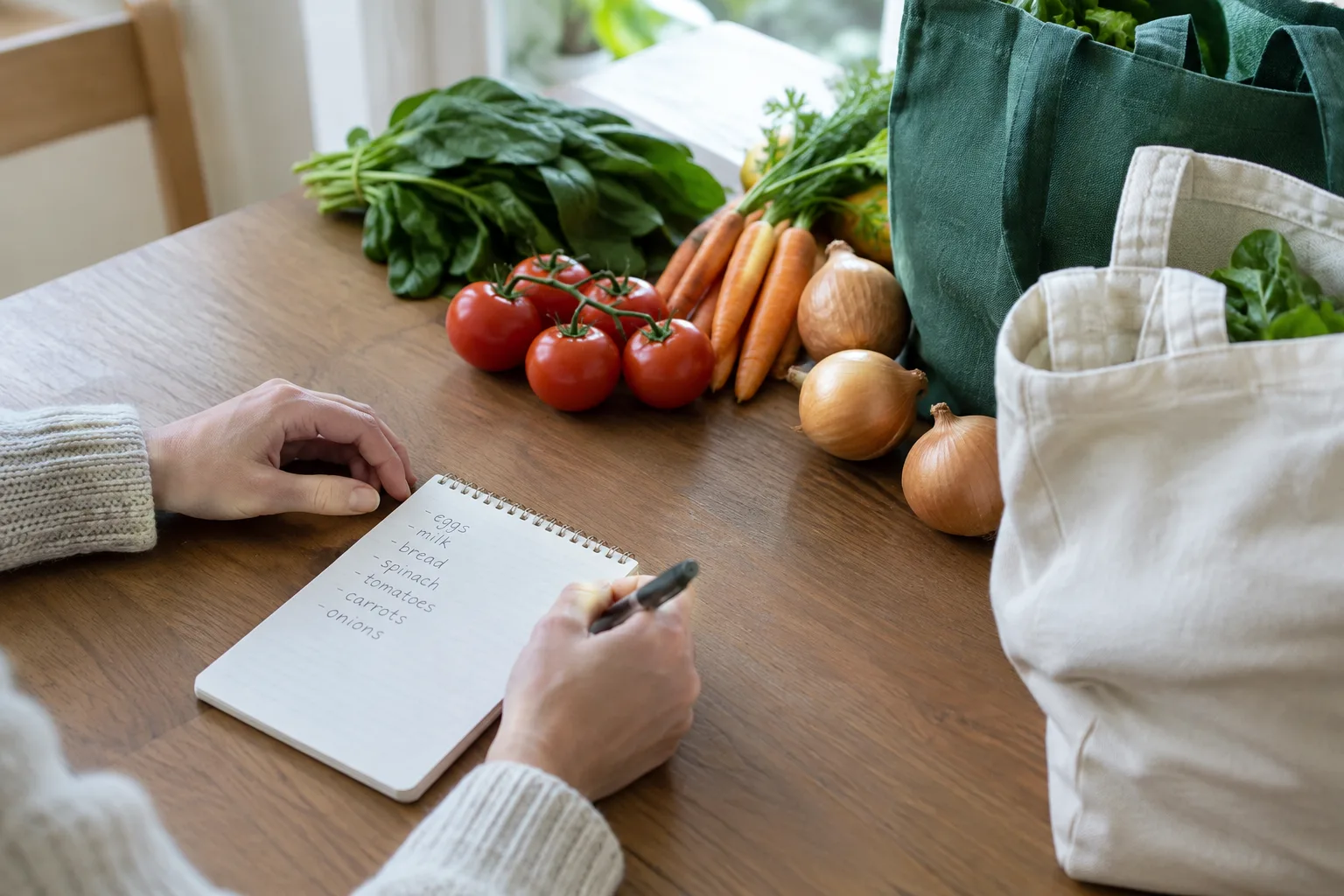 Une liste de courses posée près de légumes frais et de sacs réutilisables sur une table.