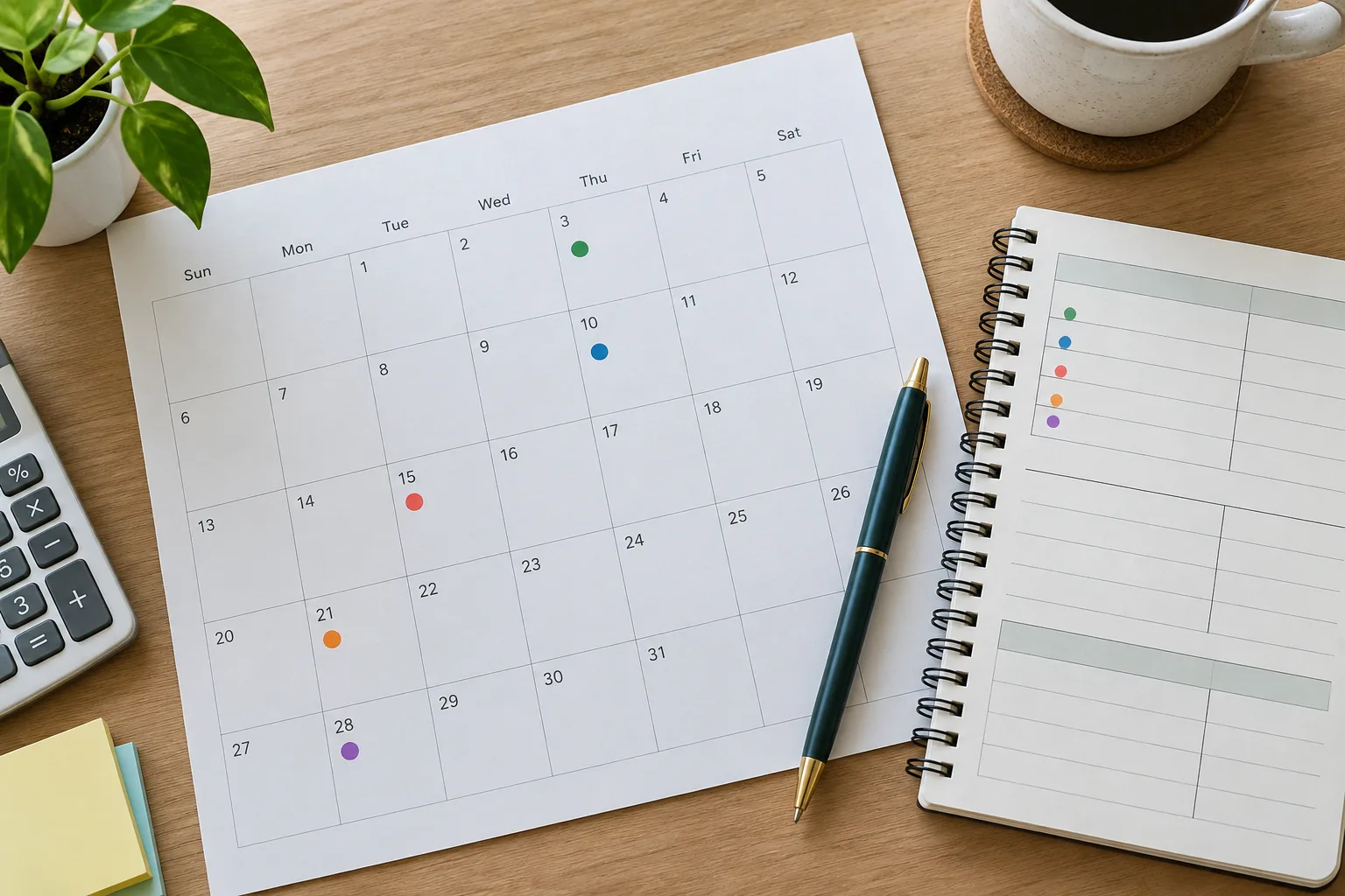 Un calendrier de bureau avec des repères de dates, accompagné d’un carnet et d’un stylo.