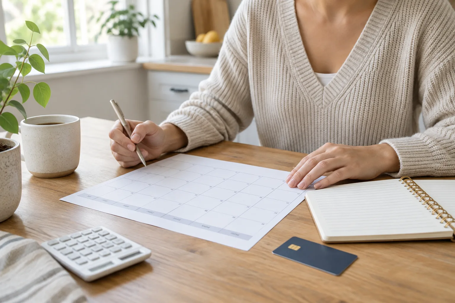Un calendrier et un carnet posés sur une table pour organiser les dates de paiement.