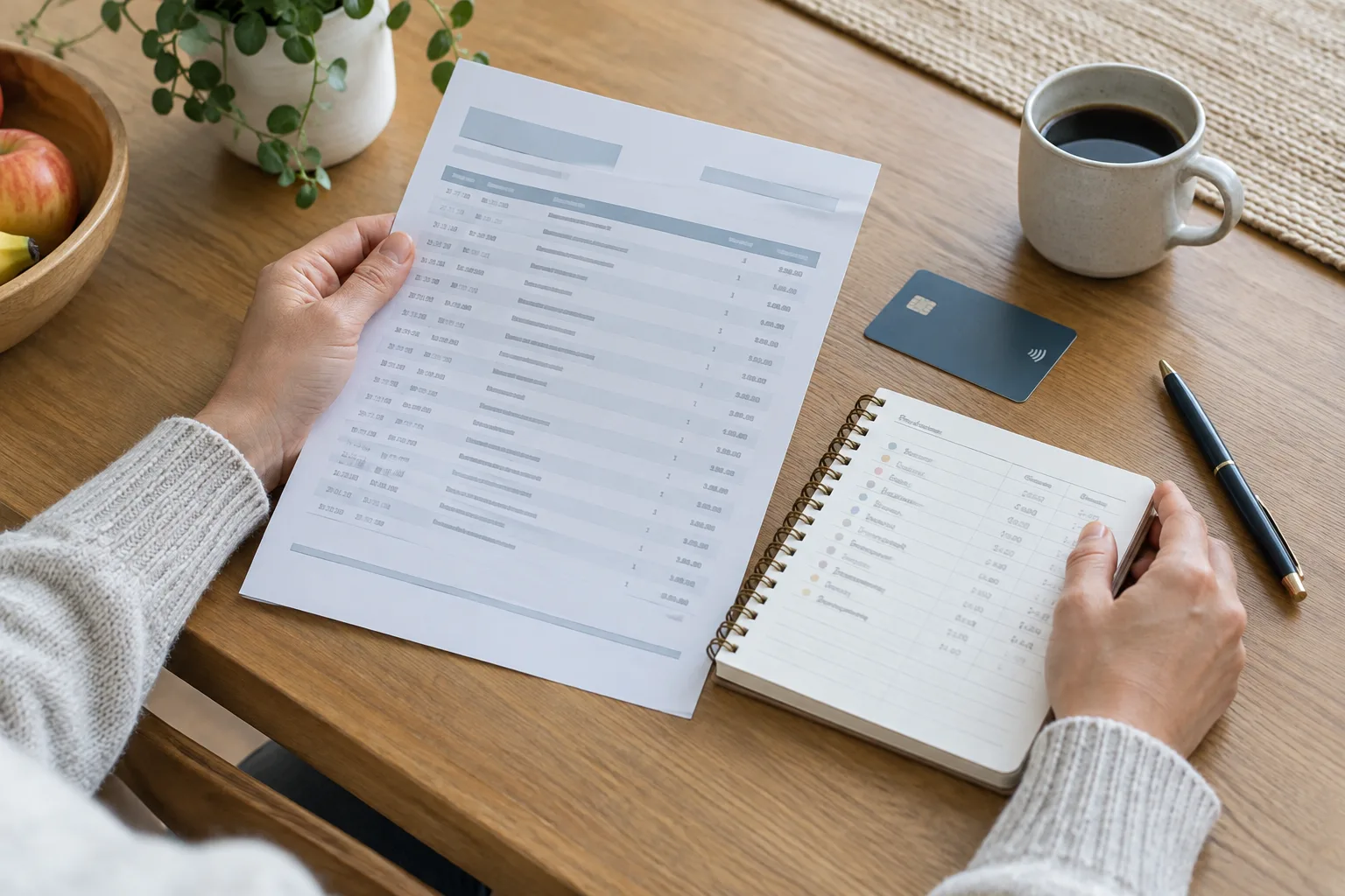 Des mains consultent un relevé bancaire et un carnet de budget sur une table.