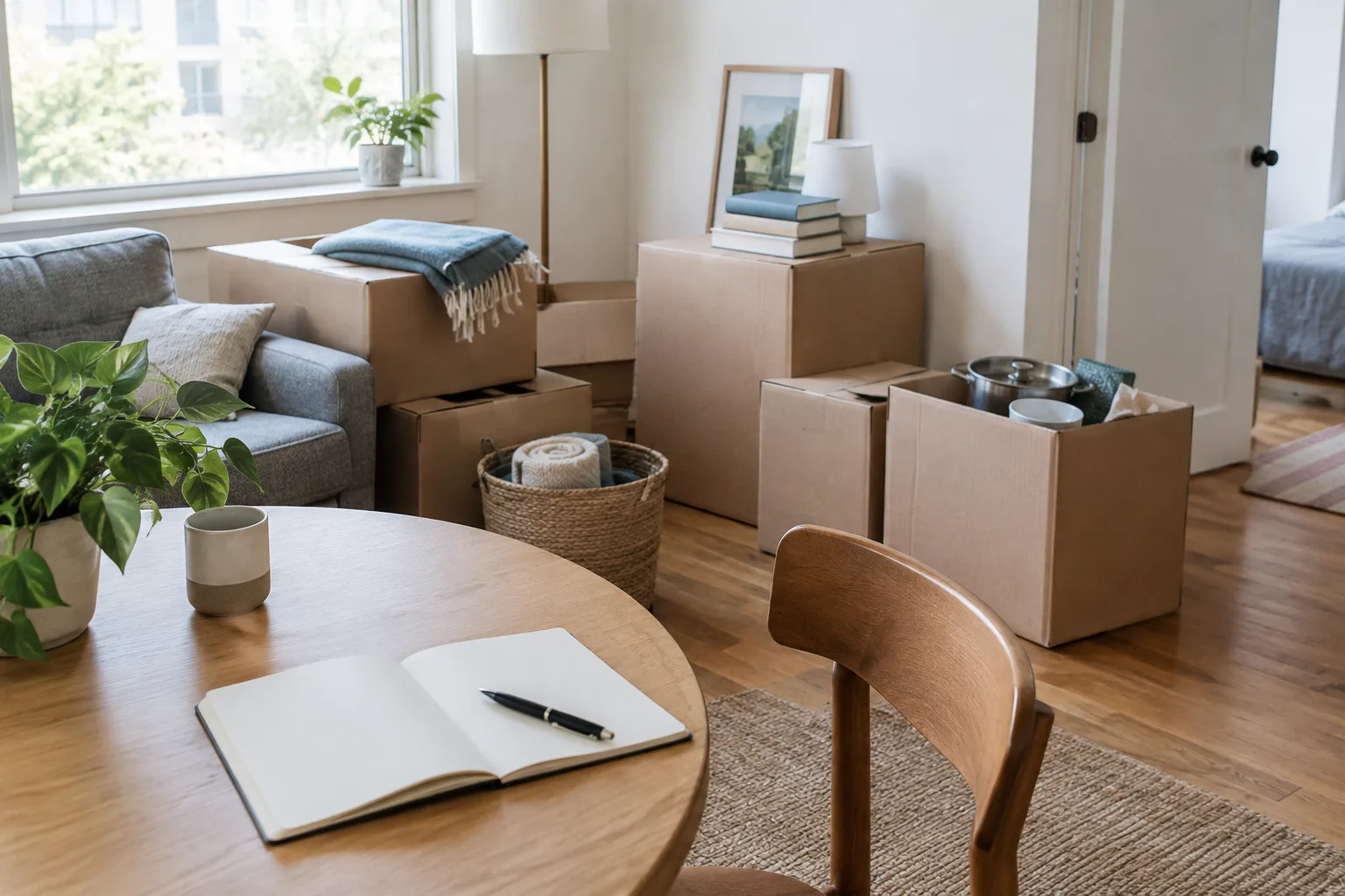Cartons de déménagement près d’un carnet ouvert et d’un stylo dans un appartement lumineux.