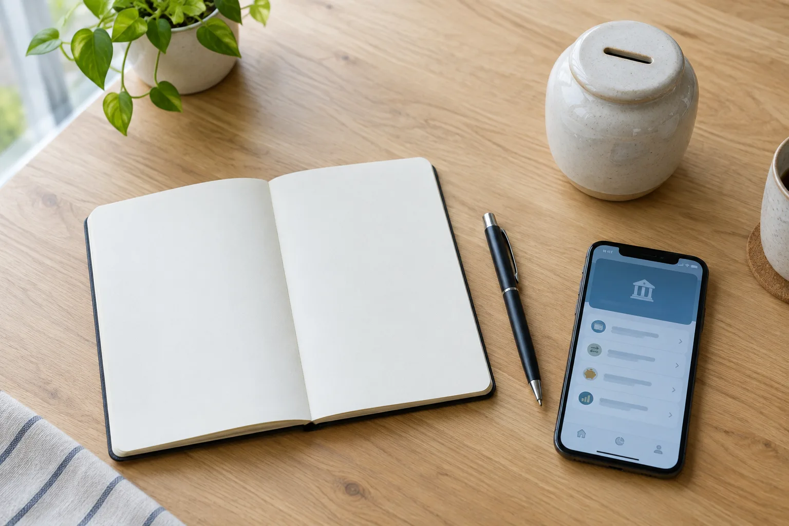 Un carnet de budget, un téléphone et une tirelire posés sur une table.