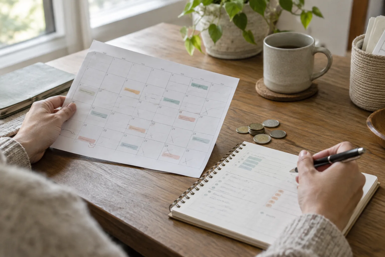 Une personne consulte un calendrier et des notes de budget à côté de quelques pièces.