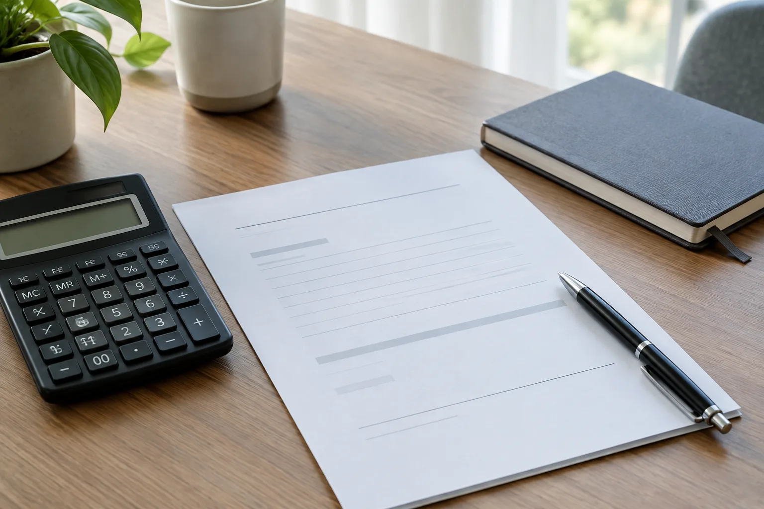 Calculatrice et documents posés sur un bureau pour examiner un crédit.