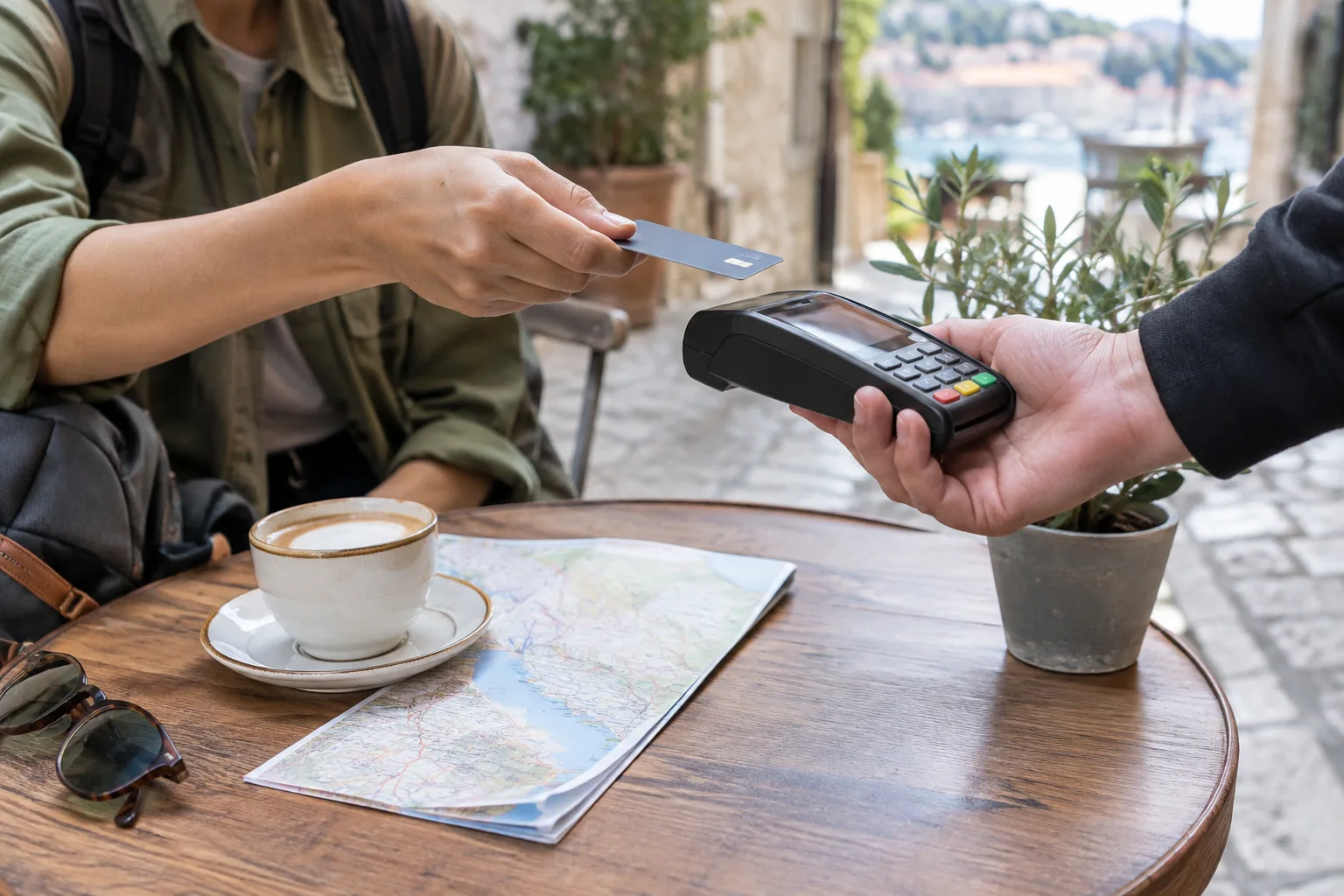 Une personne règle un café par carte sur un terminal lors d’un voyage à l’étranger.