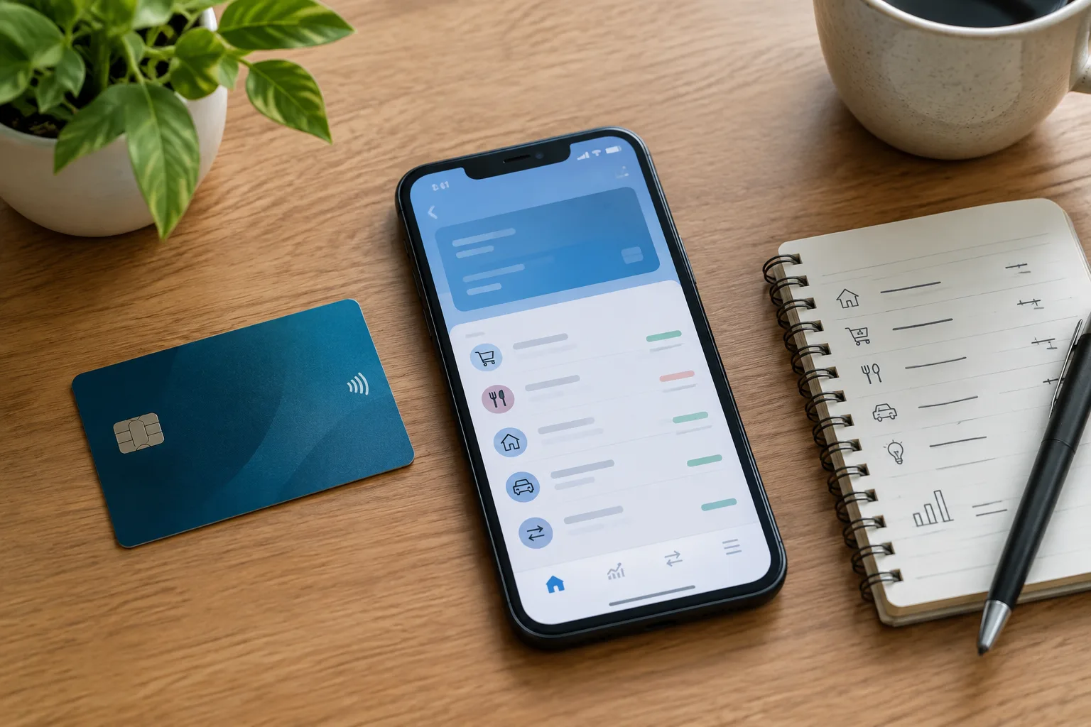 Carte bancaire posée près d’un téléphone et d’un carnet de suivi des dépenses.