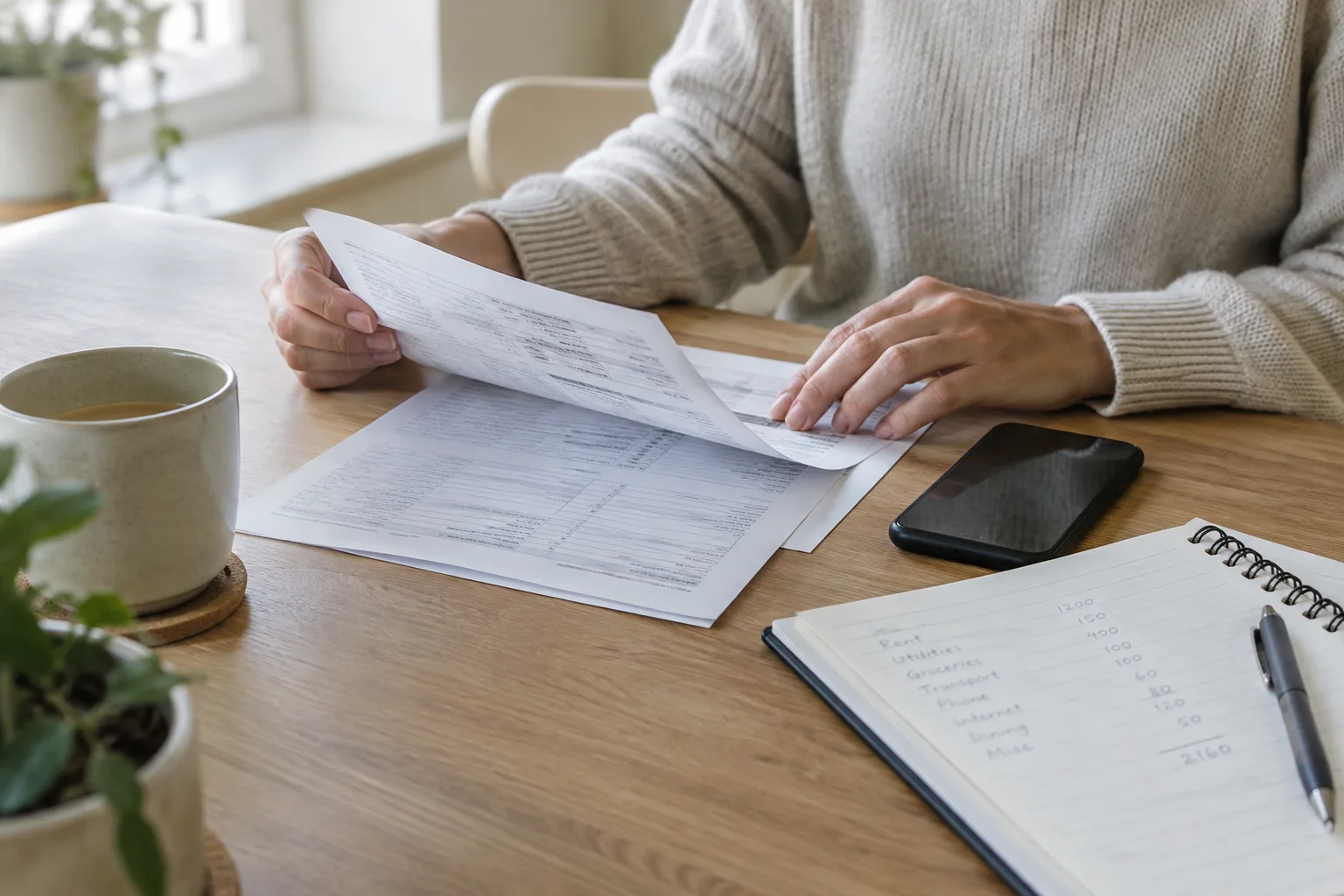 Des mains consultent un relevé bancaire et un budget à côté d’un smartphone.