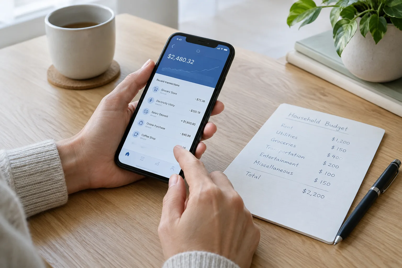 Une personne consulte son compte bancaire sur un téléphone posé près d’un budget papier.