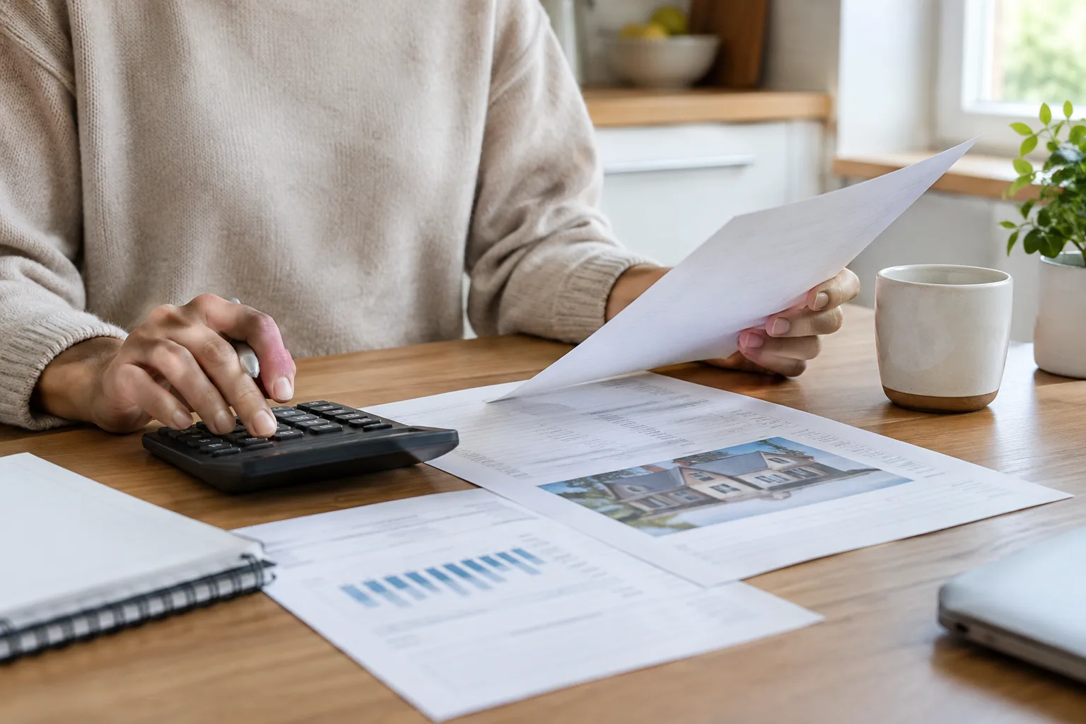 Une personne examine une offre de crédit avec une calculatrice et des documents sur une table.