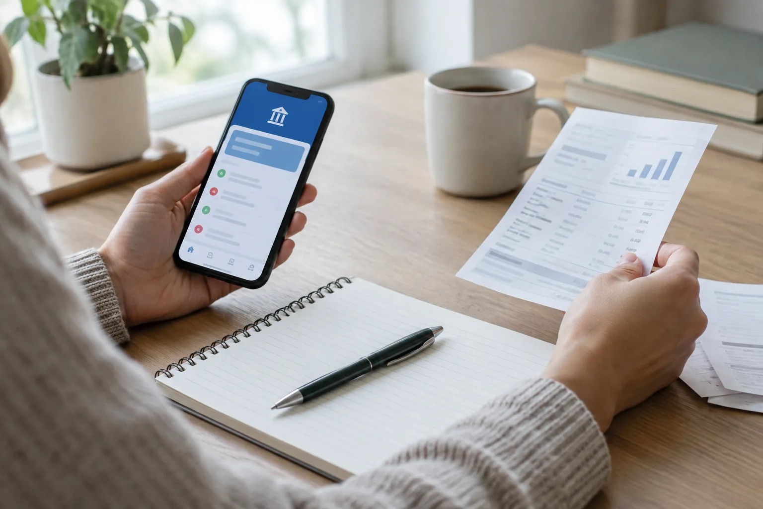 Une personne consulte son téléphone et note des dépenses dans un carnet à son bureau.